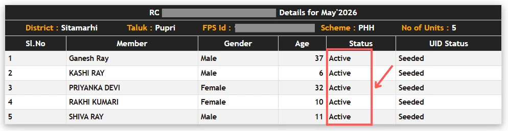 EPDS Bihar RC Details Active Status Check