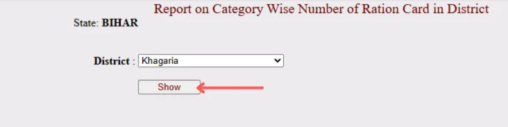 Bihar Ration Card Report on Category Wise Screen
