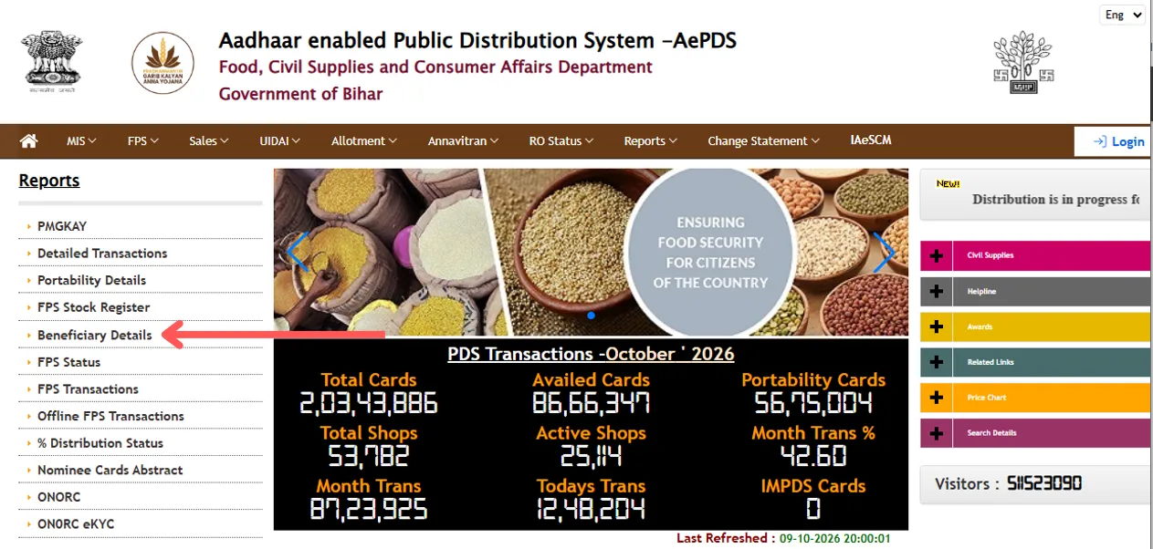 AePDS Bihar Beneficiary Details Option Screen